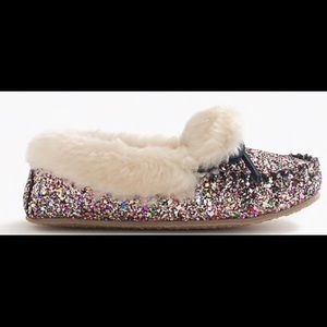 JCREW CREWCUTS GLITTER SHEARLING MOCCASIN SLIPPERS